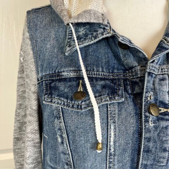 Free People Denim Knit Sleeve Hoodie Jacket Women's Size Medium - Picture 6 of 16